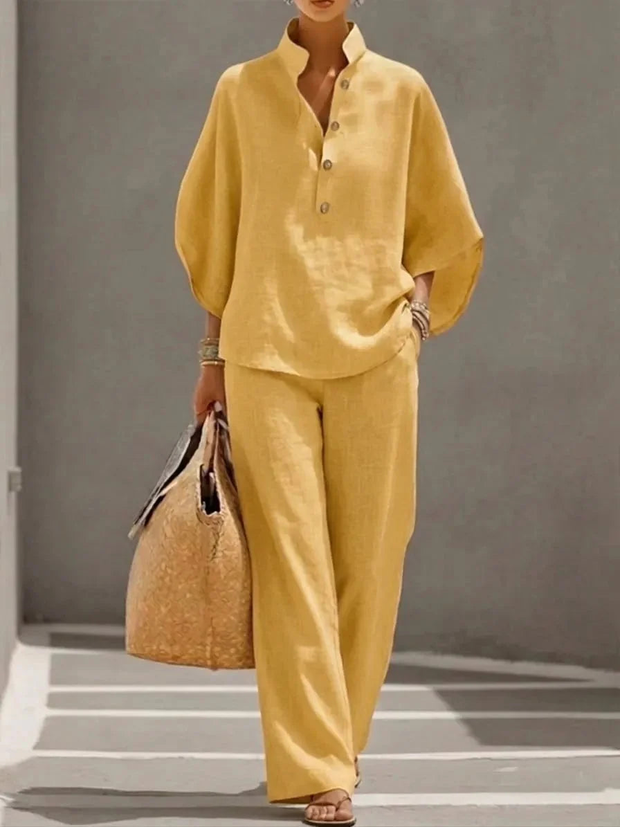 🔥Last Day 45% OFF🔥Women's Batwing Sleeve Two-Piece Set – Casual Shirt & Wide Leg Pants Outfit
