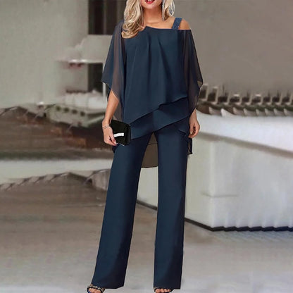 Elegant Layered Chiffon Top & Wide-Leg Pants Set
