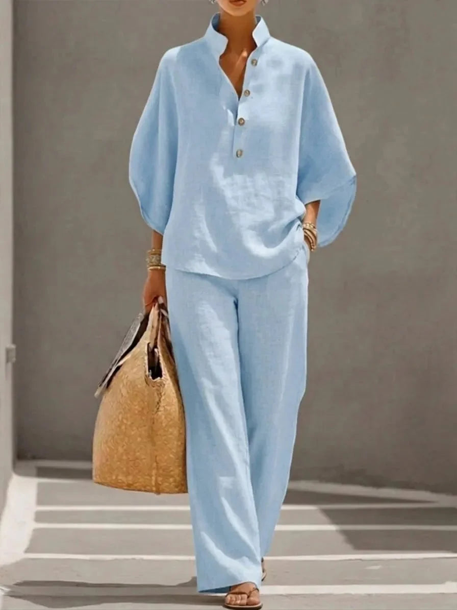 🔥Last Day 45% OFF🔥Women's Batwing Sleeve Two-Piece Set – Casual Shirt & Wide Leg Pants Outfit