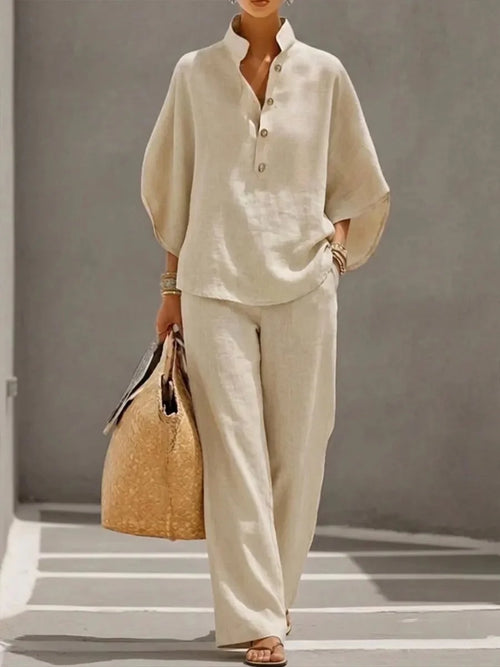 🔥Last Day 45% OFF🔥Women's Batwing Sleeve Two-Piece Set – Casual Shirt & Wide Leg Pants Outfit