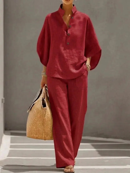 🔥Last Day 45% OFF🔥Women's Batwing Sleeve Two-Piece Set – Casual Shirt & Wide Leg Pants Outfit