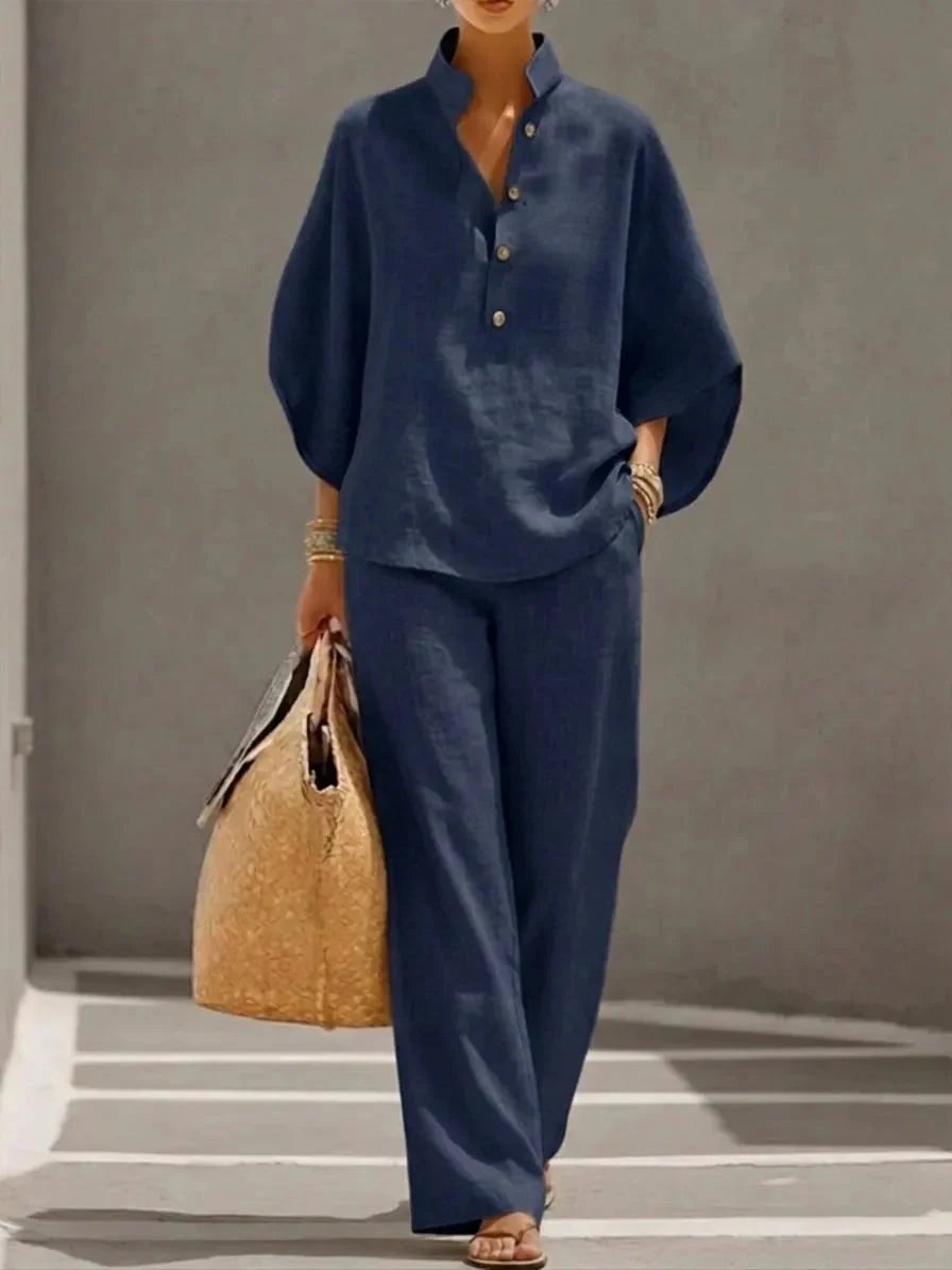 🔥Last Day 45% OFF🔥Women's Batwing Sleeve Two-Piece Set – Casual Shirt & Wide Leg Pants Outfit