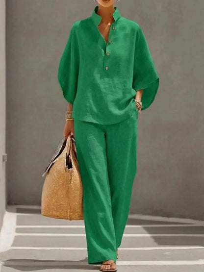 🔥Last Day 45% OFF🔥Women's Batwing Sleeve Two-Piece Set – Casual Shirt & Wide Leg Pants Outfit